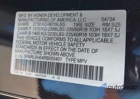 2024 Honda Odyssey Ex-L from USA, damaged, VIN 5FNRL6H64RB055401